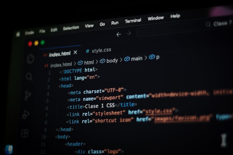 A computer screen displaying a code editor with lines of HTML code, including tags such as <html>, <head>, <title>, and <body>, with syntax highlighting in various colors for elements, attributes, and